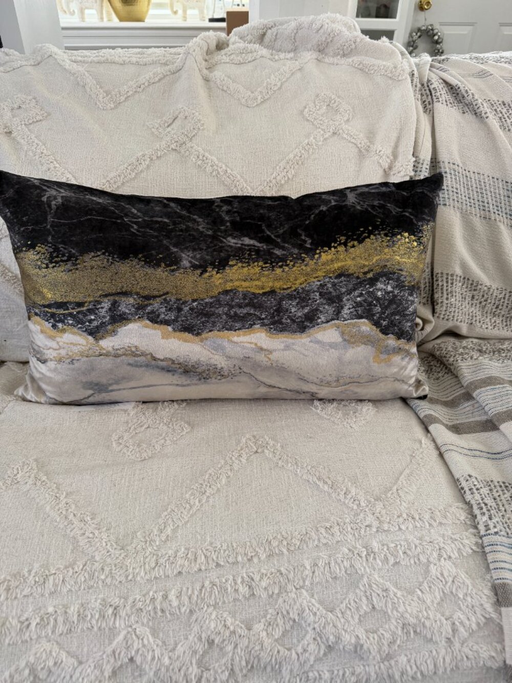 Callisto Home Lumbar Velvet Throw Pillow Black Gray Gold Agate Marble